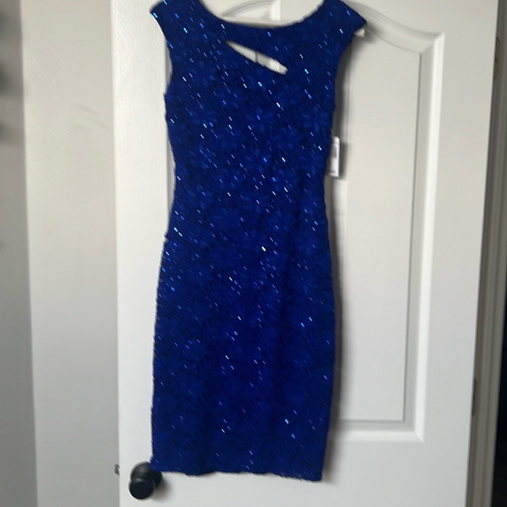 formal, dress size 2,blue sequence with floral pattern, low back with zipper